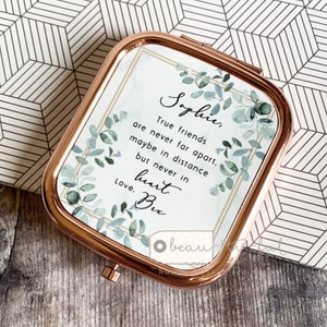 Personalised True friends are never far apart..  Quote Geometric Greenery Square Rose Gold Compact Pocket Mirror Keepsake