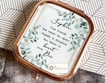 Personalised True friends are never far apart..  Quote Geometric Greenery Square Rose Gold Compact Pocket Mirror Keepsake