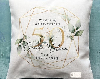 Personalised Names Wedding anniversary 25th 50th 1st 40th 10th Home Quote Eucalyptus wreath Design Home Quote Linen Style Cushion cover
