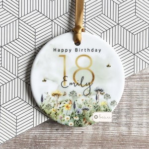 Personalised Happy Birthday Milestone 18 21 30 40 50 any age Meadow greenery Design Ceramic or Acrylic Round Decoration Ornament Keepsake