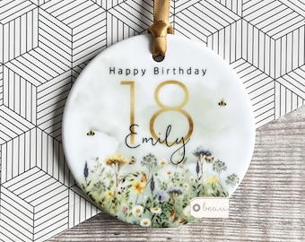 Personalised Happy Birthday Milestone 18 21 30 40 50 any age Meadow greenery Design Ceramic or Acrylic Round Decoration Ornament Keepsake