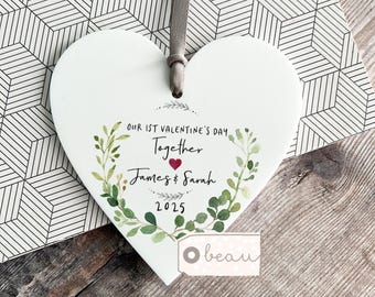 Personalised First Valentine’s Together Engaged Heart Hanging Decoration Ornament Keepsake 1st Valentine gift Mrs Mr Husband Wife couple