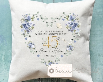Personalised Sapphire anniversary cushion, Sapphire Wedding Anniversary, Personalised gift 45th Anniversary floral Linen Style Cushion
