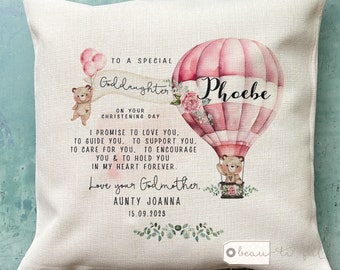 Personalised Christening Baptism Gift Promise to Godchild Godson Goddaughter Teddy bear Balloon Linen Style Cushion Godparent Godmother