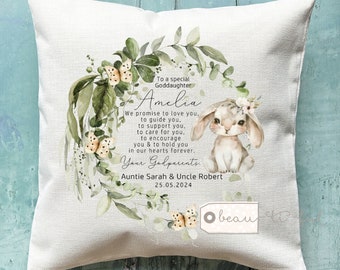 Personalised Christening Baptism Gift Promise to Godchild Godson Goddaughter Rabbit Greenery Linen Style Cushion Godparent Godmother