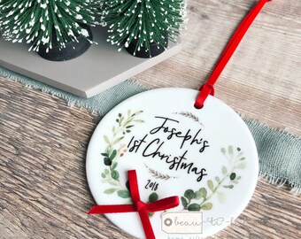 Personalised First Christmas gift 1st Baby Baby’s Boy Girl Newborn Greenery leaf Design Ceramic or Acrylic Round Ornament Keepsake