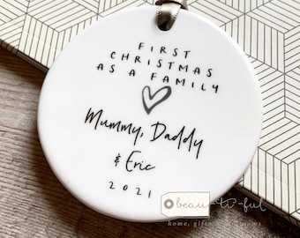 Personalised First Christmas as a family Mummy Daddy New Baby Monochrome heart Design Ceramic Round Ornament Keepsake