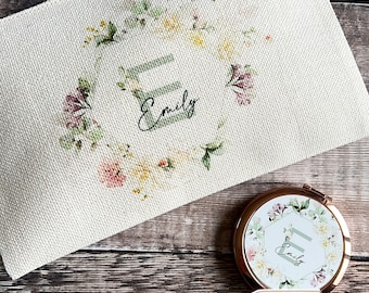 Personalised Name and initial Roses Floral Eucalyptus Design Linen style Fabric Make up Bag Birthday gift for her mum sister friend