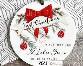 Personalised First Christmas at Address in New Home House New home gift bauble tree Design Acrylic or Ceramic Round Ornament Keepsake