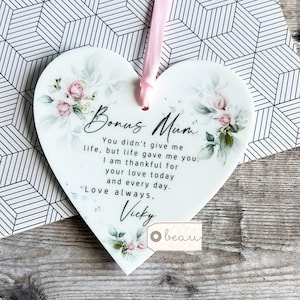 Personalised Thank you gift, Bonus Mum, Mom Stepmum Stepmom, Like a Mum gift, Second Mum, heart Ornament Keepsake Mother in law Wedding Pink roses