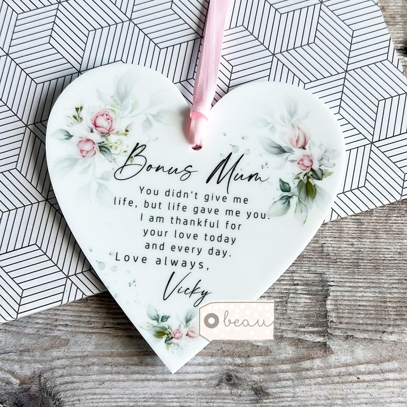 Personalised Thank you gift, Bonus Mum, Mom Stepmum Stepmom, Like a Mum gift, Second Mum, heart Ornament Keepsake Mother in law Wedding Pink roses