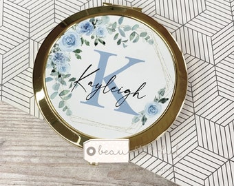 Personalised Name pale blue floral Round Rose Gold Compact Pocket Mirror Keepsake