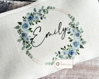 Personalised Name and initial Pale blue Floral Design Linen style Make up Bag Birthday gift for her mum sister friend bridesmaid bride
