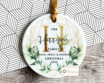 Personalised Christmas Family Names Greenery Gold leaf Design Ceramic or Acrylic Tree Decoration Bauble Round Ornament Keepsake