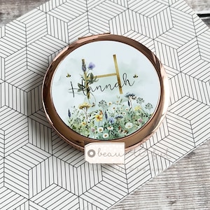 Personalised Name Meadow Flowers Greenery Round Rose Gold Silver Compact Pocket Mirror Keepsake Bridesmaid Gift