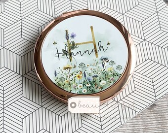 Personalised Name Meadow Flowers Greenery Round Rose Gold Silver Compact Pocket Mirror Keepsake Bridesmaid Gift