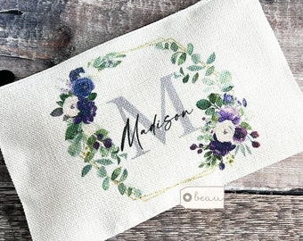 Personalised Name and initial Purple Floral Design Linen style Fabric Make up Bag Birthday gift for her mum sister friend
