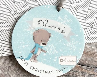 Personalised Baby Babies Baby’s First Christmas Boy Girl Newborn Bear Snowflake Design Ceramic or Acrylic Round Ornament Keepsake