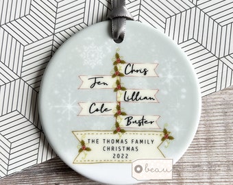 Personalised Christmas Family Names Signpost Design Nordic Style Ceramic or Acrylic Round Ornament Keepsake