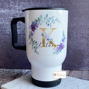 Personalised Name Purple Lilac Floral Travel Mug - coffee mug - tea mug- hot drink cup