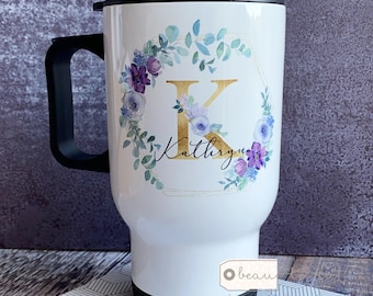 Personalised Name Purple Lilac Floral Travel Mug - coffee mug - tea mug- hot drink cup