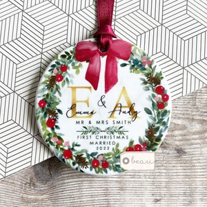 Personalised First Christmas Married Wedding gift as Mr Mrs Gift Newlywed Bow wreath Greenery Ceramic or acrylic Round Ornament Keepsake