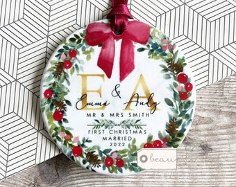 Personalised First Christmas Married Wedding gift as Mr Mrs Gift Newlywed Bow wreath Greenery Ceramic or acrylic Round Ornament Keepsake