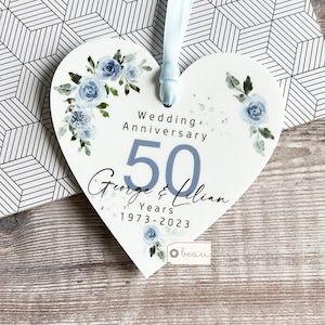 Personalised Wedding Anniversary Names Mr & Mrs 25th 50th 1st 40th 35th Pale blue floral Greenery Acrylic heart Decoration Ornament Keepsake