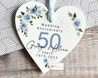 Personalised Wedding Anniversary Names Mr & Mrs 25th 50th 1st 40th 35th Pale blue floral Greenery Acrylic heart Decoration Ornament Keepsake