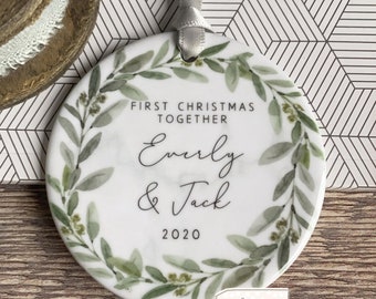 Personalised First Christmas gift  Together Engaged Botanical Greenery Design Ceramic or Acrylic Round Ornament Keepsake
