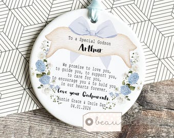 Personalised Promise to Godchild Christening Baptism Baby Boy Girl Bow Greenery Godmother Godparents Godfather Ornament Keepsake