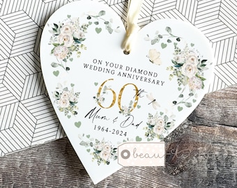 Personalised Diamond Wedding Anniversary Ornament, 60th Wedding Anniversary gift, 60 Anniversary Greenery Heart Keepsake Gift
