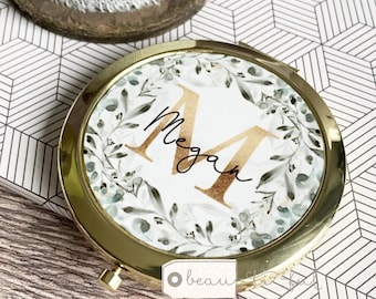 Personalised Name and initial Eucalyptus Greenery Wreath Round Rose Gold Compact Pocket Mirror Keepsake Bridesmaid Gift