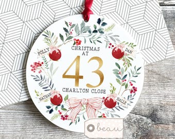 Personalised Christmas Gift at Address Home Gift Holly Foliage Wreath First Christmas Last Christmas Ceramic or Acrylic Ornament Keepsake