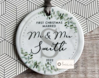 Personalised First Christmas Married Gift Wedding gift Mr Mrs Newlywed Botanical Greenery Ceramic or Acrylic Round Ornament Keepsake