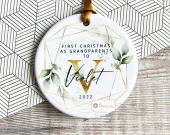 Personalised First Christmas as Grandparents Gran Grandma Nanna New Baby Botanical Greenery Ceramic or Acrylic Round Ornament Keepsake