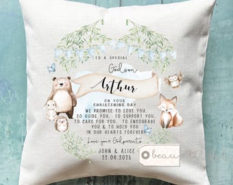Personalised Christening Baptism Gift Promise to Godchild Godson Goddaughter bear woodland Linen Style Cushion Godparent Godmother Godfather