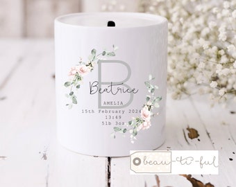 Personalised New Baby Gift Newborn Birth Gift Personalised Money box Pink Floral Nursery Decor Ceramic First Money Coin Box