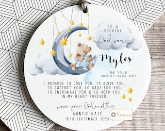 Personalised Promise to Godchild Christening Baptism Gift Baby Godson Grandson Boy Teddy Bear Moon Star Ceramic or acrylic Ornament Keepsake