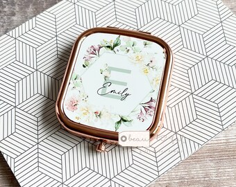 Personalised Name and Initial.. Pretty floral Greenery Square Rose Gold Compact Pocket Mirror Keepsake