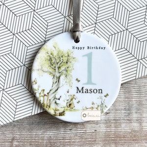 Personalised First 1st Happy Birthday gift woodland rabbit floral Greenery Ceramic or Acrylic Round Decoration Ornament Wedding Keepsake