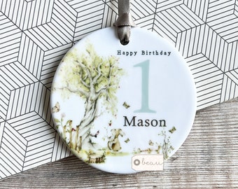 Personalised First 1st Happy Birthday gift woodland rabbit floral Greenery Ceramic or Acrylic Round Decoration Ornament Wedding Keepsake