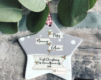 Personalised First Christmas as Grandparents Gran Grandma Nanna New Baby Christmas Signpost Design Ceramic Round Ornament Keepsake