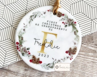 Personalised First Christmas as Grandparents Gran Grandma Nanna New Baby Holly Pinecone Design Ceramic or Acrylic Round Ornament Keepsake