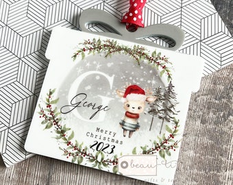 Personalised Merry Christmas reindeer santa hat gift Design Acrylic present shaped Ornament tree Keepsake bauble Christmas tree