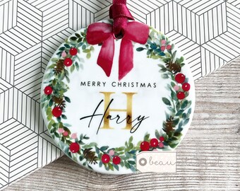 Personalised Name Merry Christmas Bow Greenery Wreath Design Ceramic or Acrylic Round Ornament Keepsake