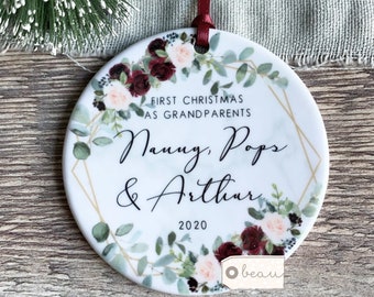 Personalised First Christmas as Grandparents Gran Grandma Nanna New Baby Burgundy floral Design Ceramic or Acrylic Round Ornament Keepsake