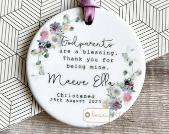 Personalised Thank you Godmother Godfather Godparents Gift Christening Baptism Quote greenery Ceramic or acrylic Round Ornament Keepsake