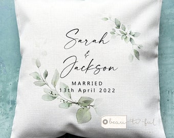 Personalised Married gift Wedding gift Mr Mrs Bride Groom Home Quote Foliage Greenery Design Home Quote Linen Style Cushion cover