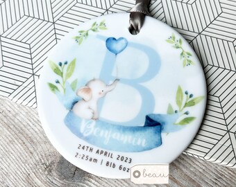 Personalised New Baby Gift Boy Newborn Blue Elephant Design Ceramic or Acrylic Round Ornament Keepsake Godson Grandson